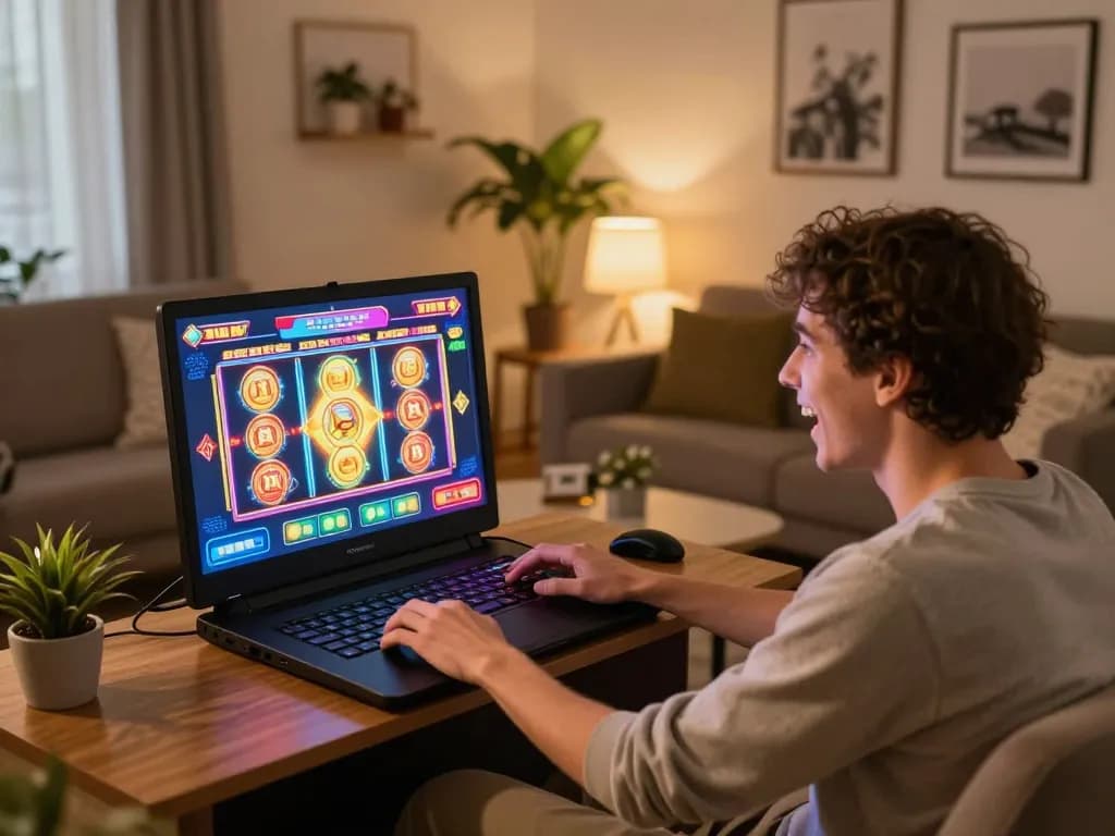 Pemain menikmati permainan mesin slot di laptop dengan visual yang menarik di ruang tamu yang nyaman.