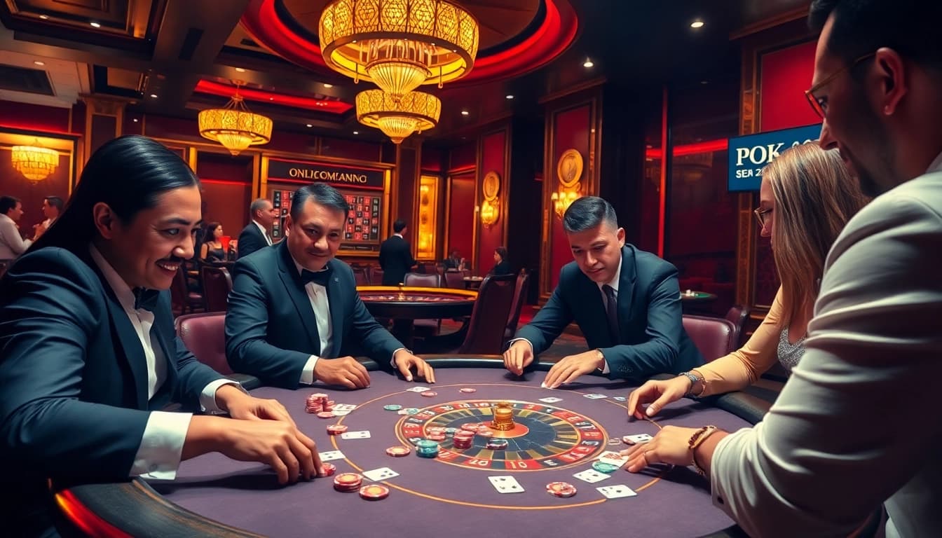 Players engage in a thrilling poker game at QH88 casino, highlighting intense concentration and excitement.
