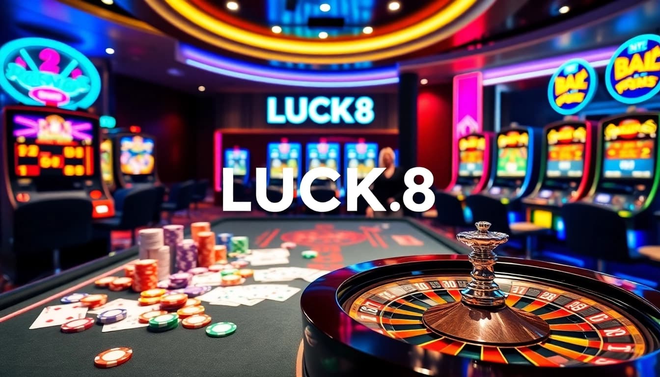 Exciting online gambling at LUCK8's luxurious casino tables with vibrant poker chips and cards.