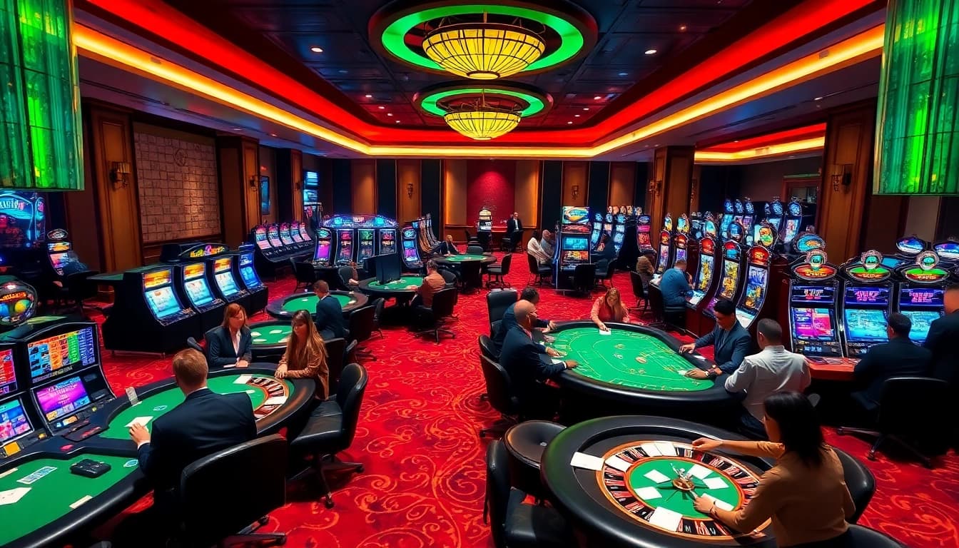 A bustling casino scene featuring engaging players at tables, slot machines, and professional dealers at https://78winel.com/, radiating luxury and excitement.