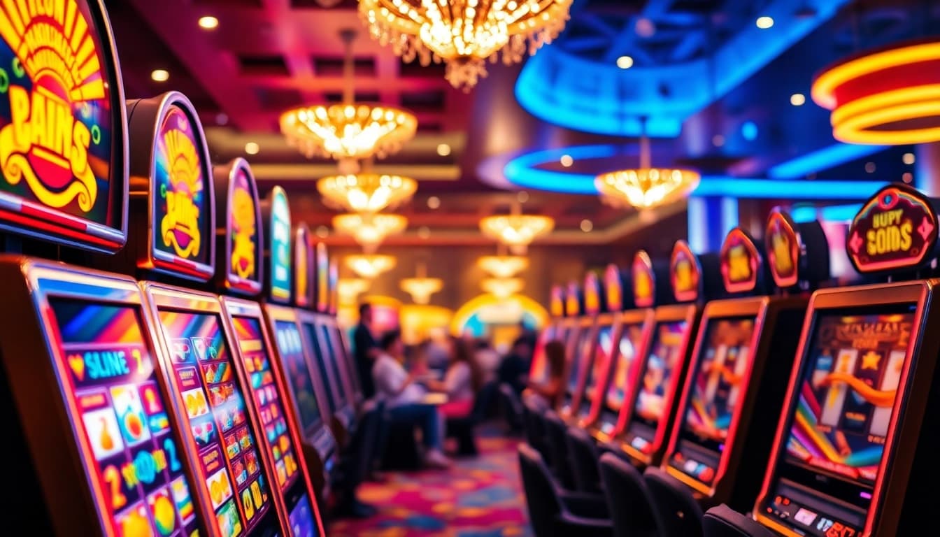 Engaging scene of AT99娛樂 with vibrant slots and lively players in a glamorous casino.