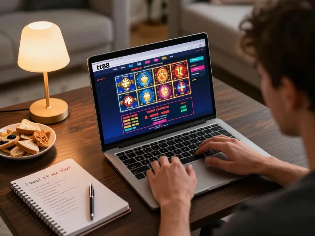 Player engaging with nhà cái tt88 while enjoying a cozy online casino session at home