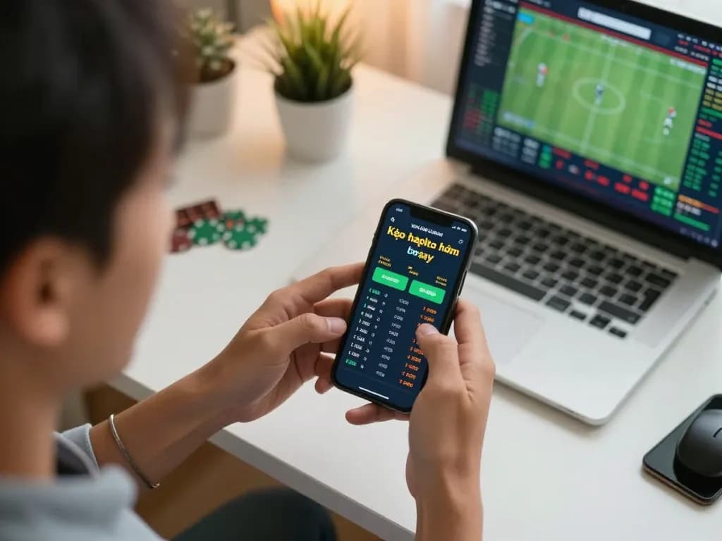 Excited bettor placing a bet on kèo nhà cái hôm nay using smartphone in vibrant home office.