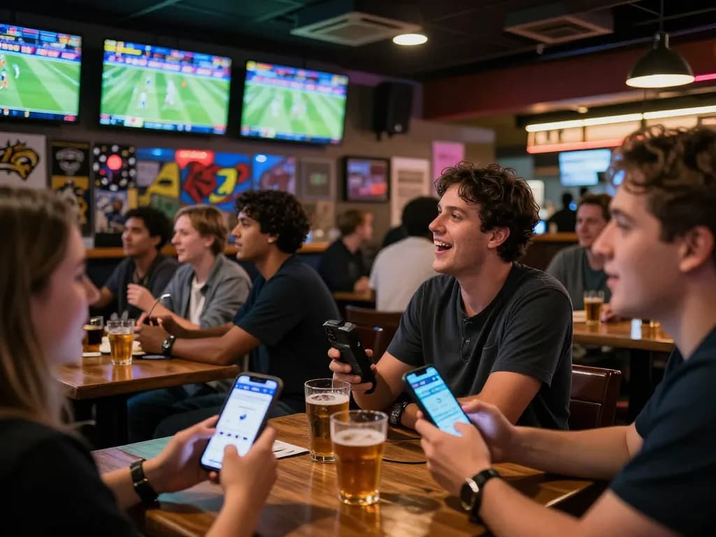 Engaged sports bettors at rr88l1 com app during live game, showcasing excitement and interaction in a vibrant sports bar setting.