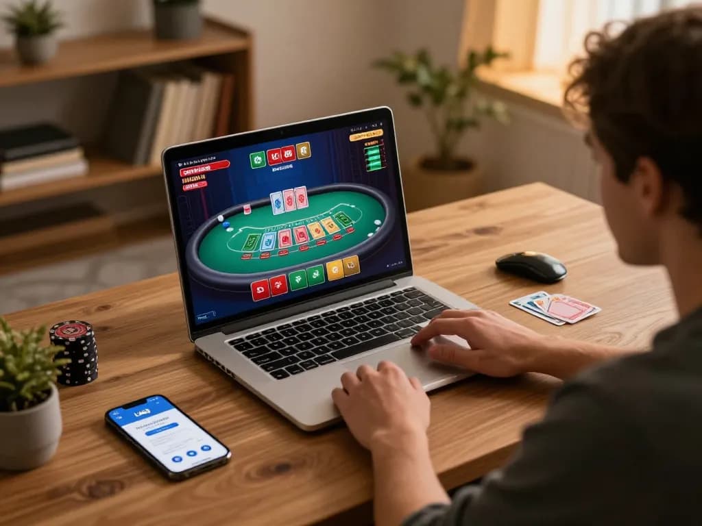 Engaged player enjoying LV88 online gambling with live dealer blackjack game on laptop.