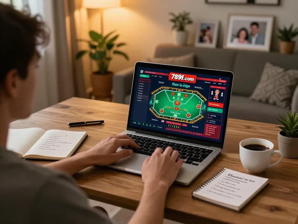 Player engaging with live casino games on 789f.com in a cozy home setting, showcasing an inviting gambling experience.