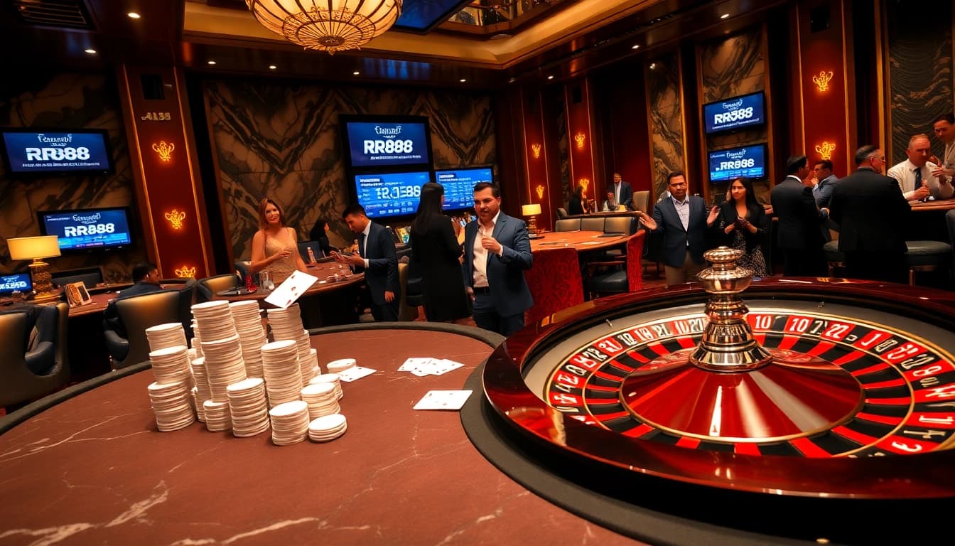 RR88 Casino scene showcasing excited gamblers at a poker table with vibrant chips and cards.