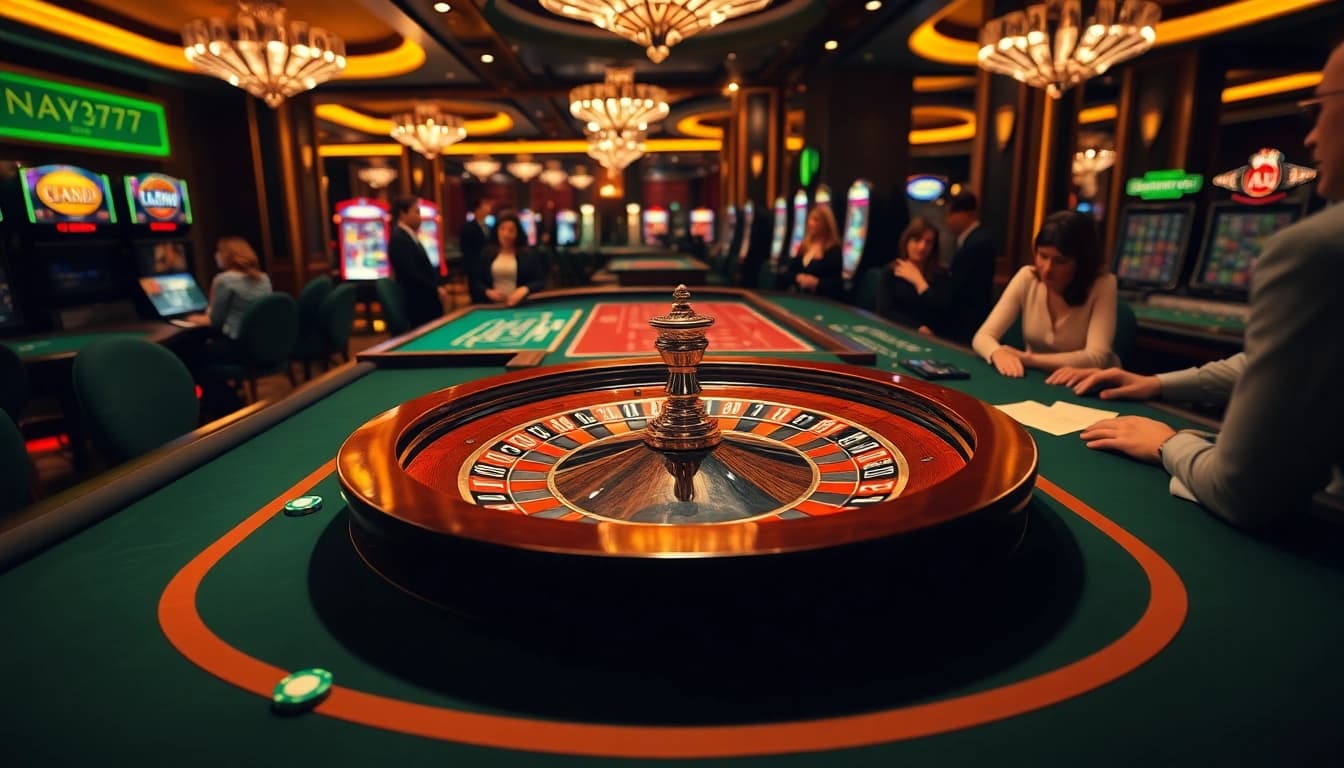 Experience thrilling gameplay at NA777 with an immersive live dealer table and roulette wheel.