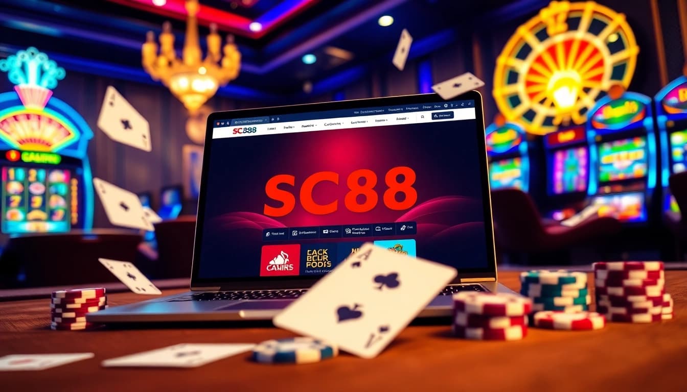 Experience SC88 online gaming with vibrant tables, poker chips, and roulette wheels.