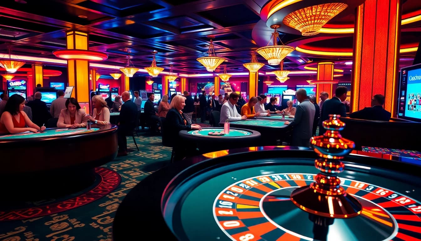 Aktive Spieler, die casino spielen, umgeben von lebhaften Lichtern und einem Roulettetisch.