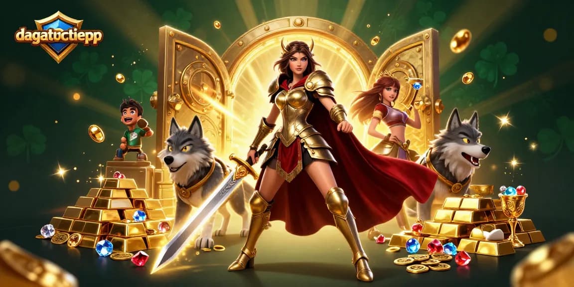 Experience dagatructiepp with a captivating 3D illustration featuring a warrior queen and treasures.
