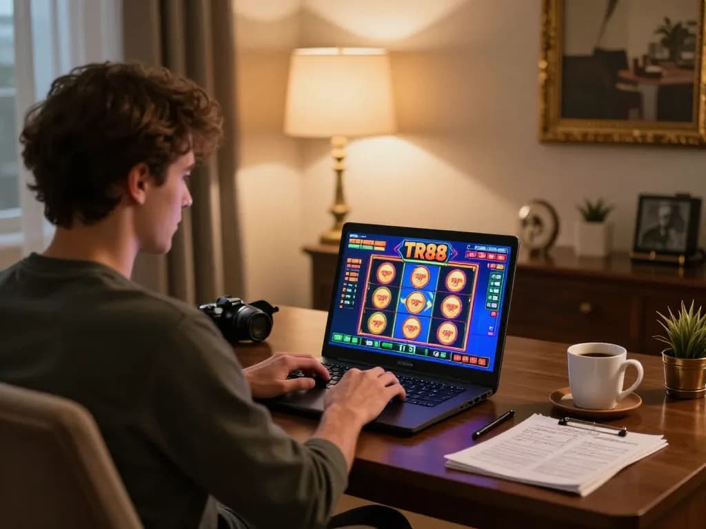 Player engaging with TR88 slot machine on laptop in cozy home setup, indicating strategic gaming.