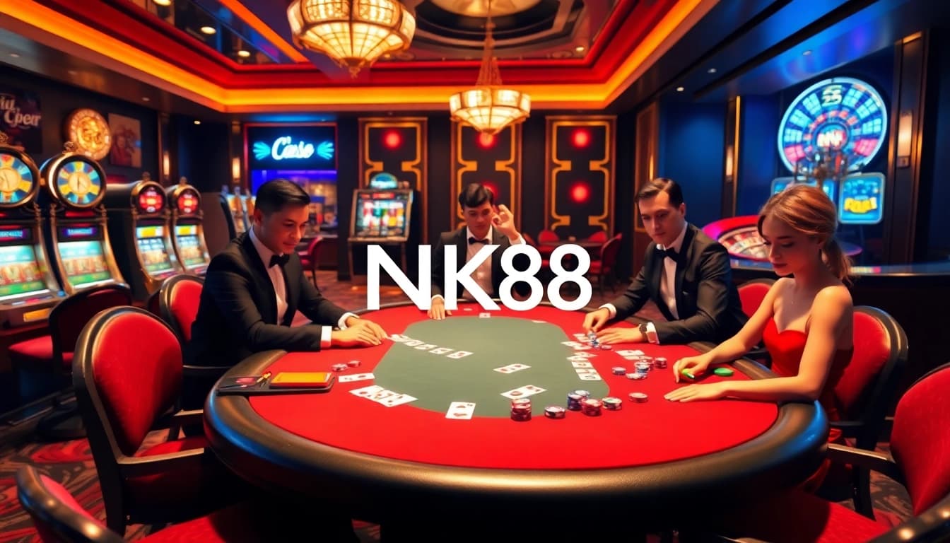 Enjoying a high-stakes game at NK88 casino with vibrant poker chips and cards.