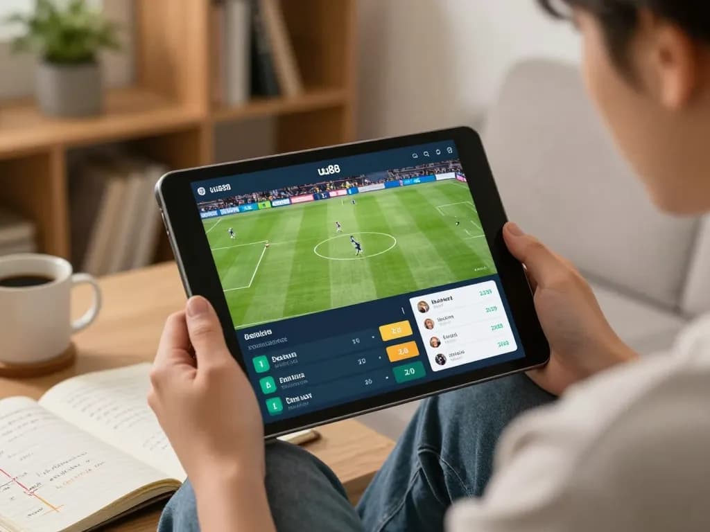 Engaging sports betting scene on uu88 with a person analyzing odds on a mobile app