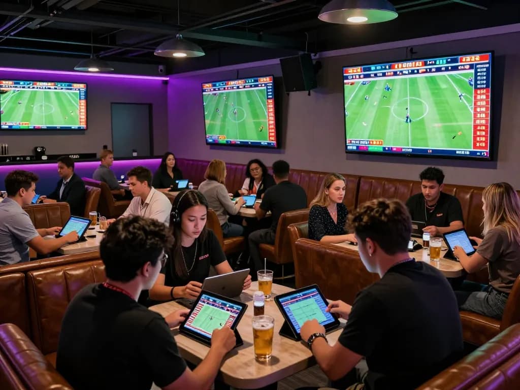 Soi Kèo sports betting lounge bustling with bettors analyzing game odds.