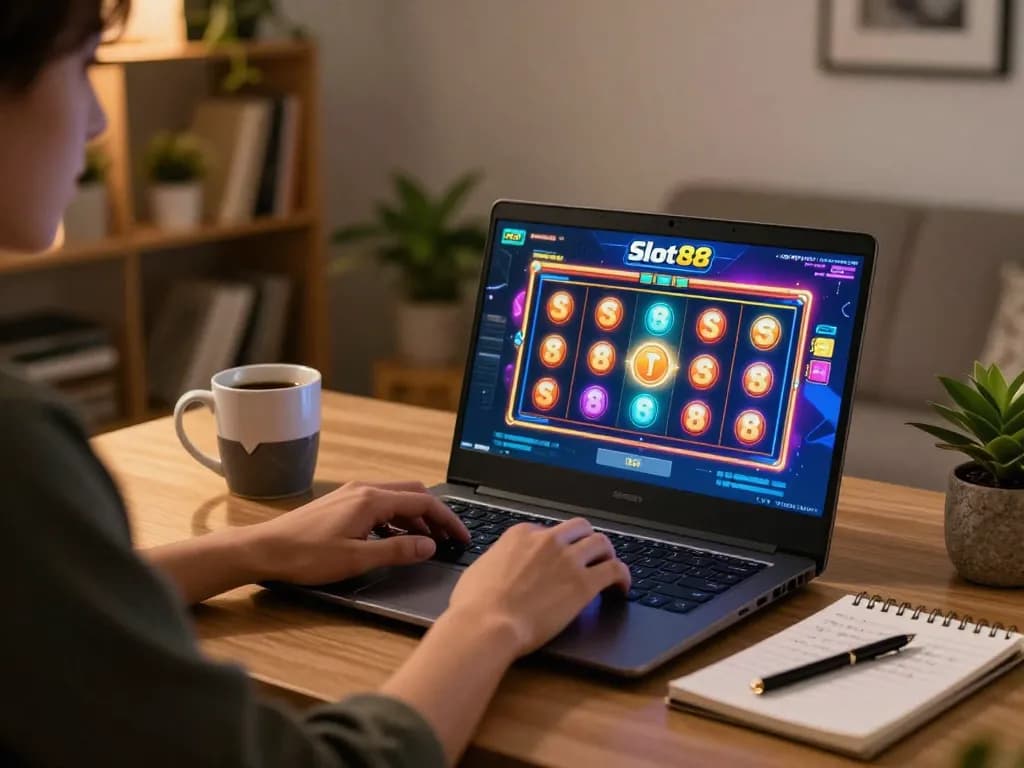 Engaging in slot88 with strategic notes during cozy online gaming session