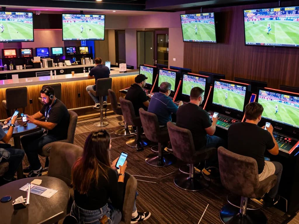 Engaged bettors in a modern sports betting lounge discussing strategies for tr88 wagers amidst live screens.