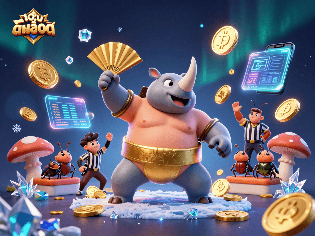 Experience thrilling เว็บสล็อต action with a powerful beetle champion amidst floating crypto coins.