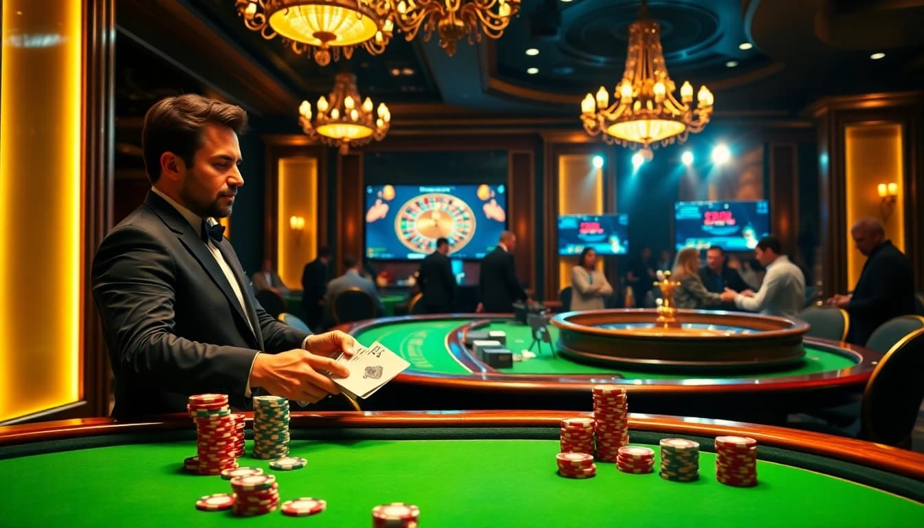 Bancah5 gaming action with a dealer shuffling cards and vibrant poker chips stacked on a casino table.