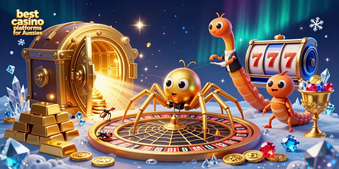 Experience the excitement of the best casino platforms for Aussies with this dynamic scene of characters spinning a roulette web.
