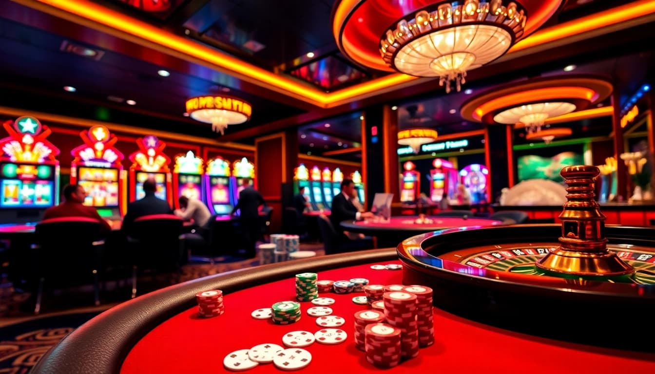 Players enjoying casino games at XX88, featuring poker tables and vibrant slot machines.