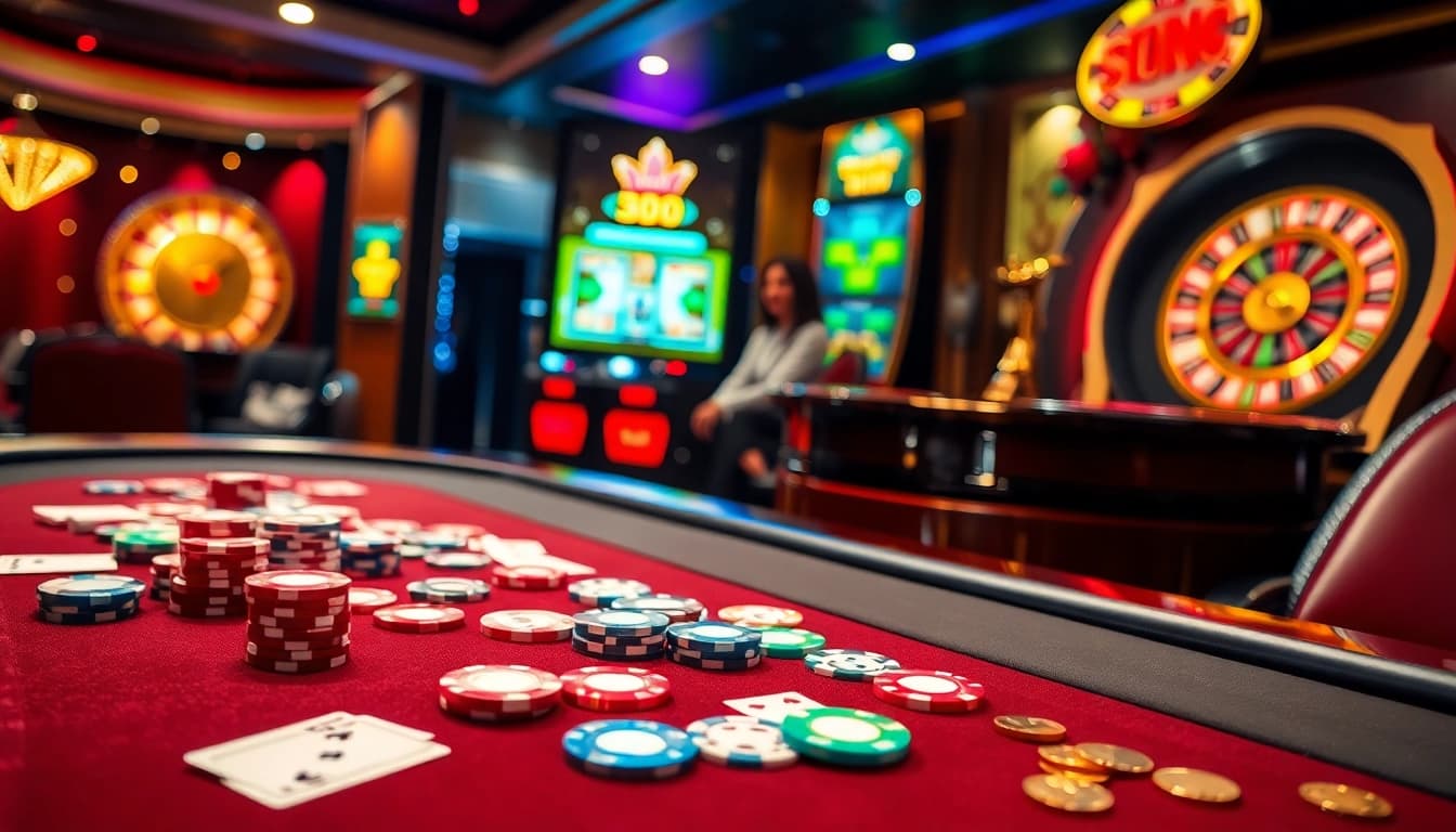 Experience the thrill of MMOO at a luxurious poker table with vibrant chips and cards.