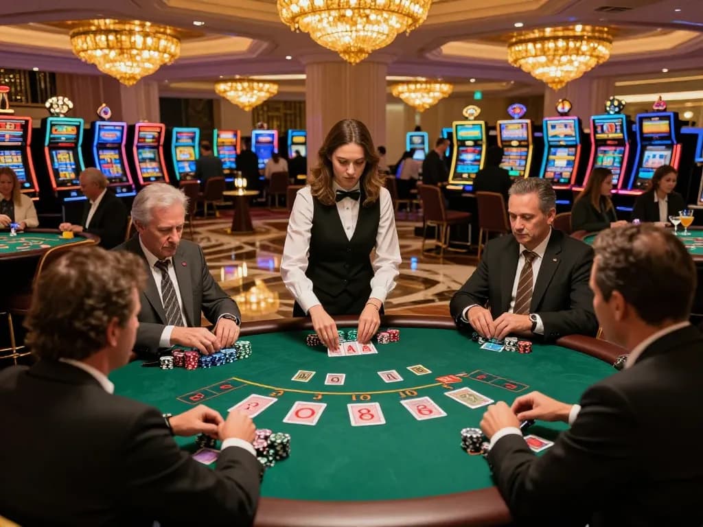 Players enjoying blackjack at MM99, showcasing an elegant casino atmosphere with competitive gameplay.