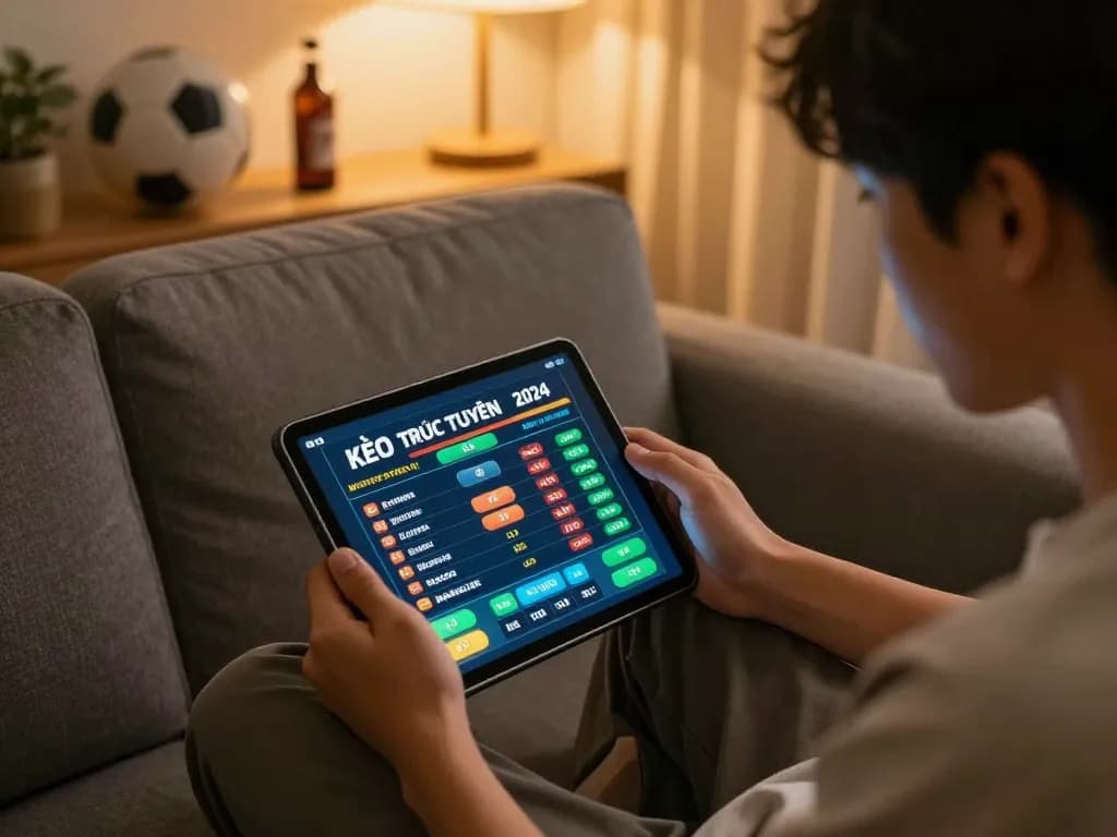 KÈO TRỰC TUYẾN betting setup with a person placing bets on a tablet in a cozy living room