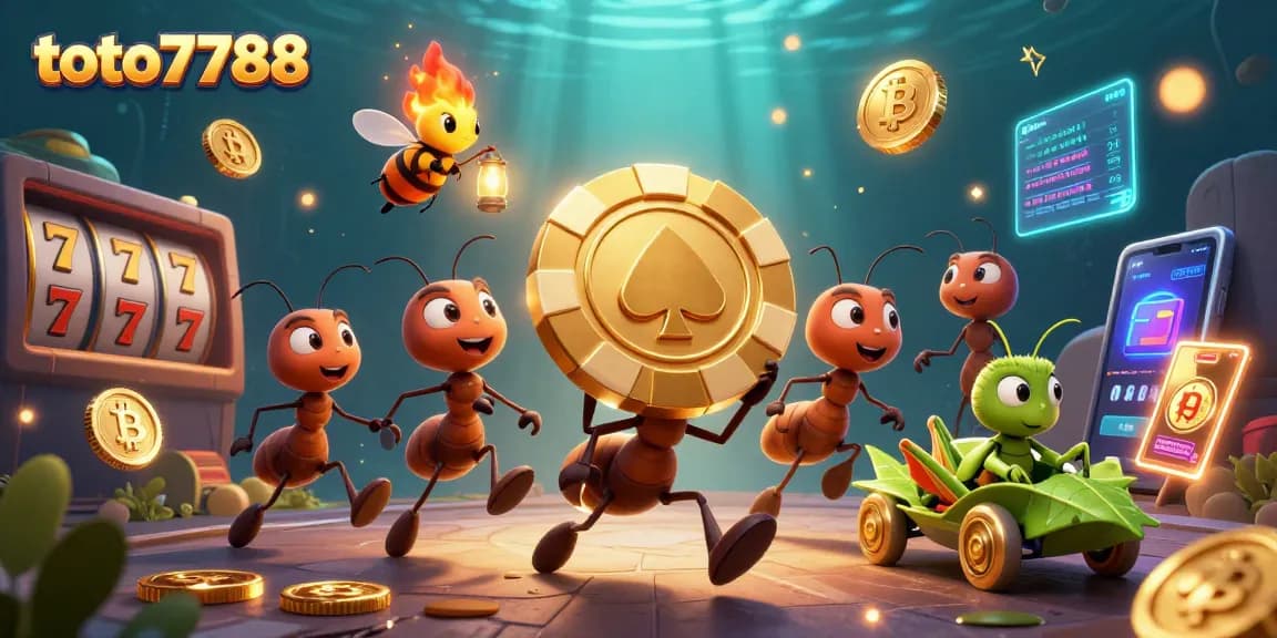 Toto7788 offers an exciting gaming experience showcasing giant golden poker chips in a dynamic casino scene.