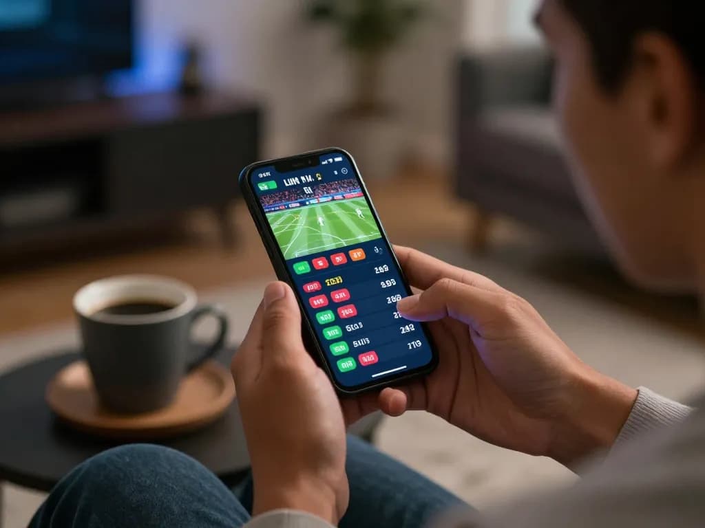 Betbdt player engaging in sports betting while focused on their smartphone in a cozy home setting