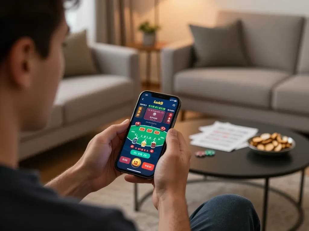 Luck8 user enjoying an online blackjack game on smartphone in a cozy home setting, showcasing responsible gambling practice.