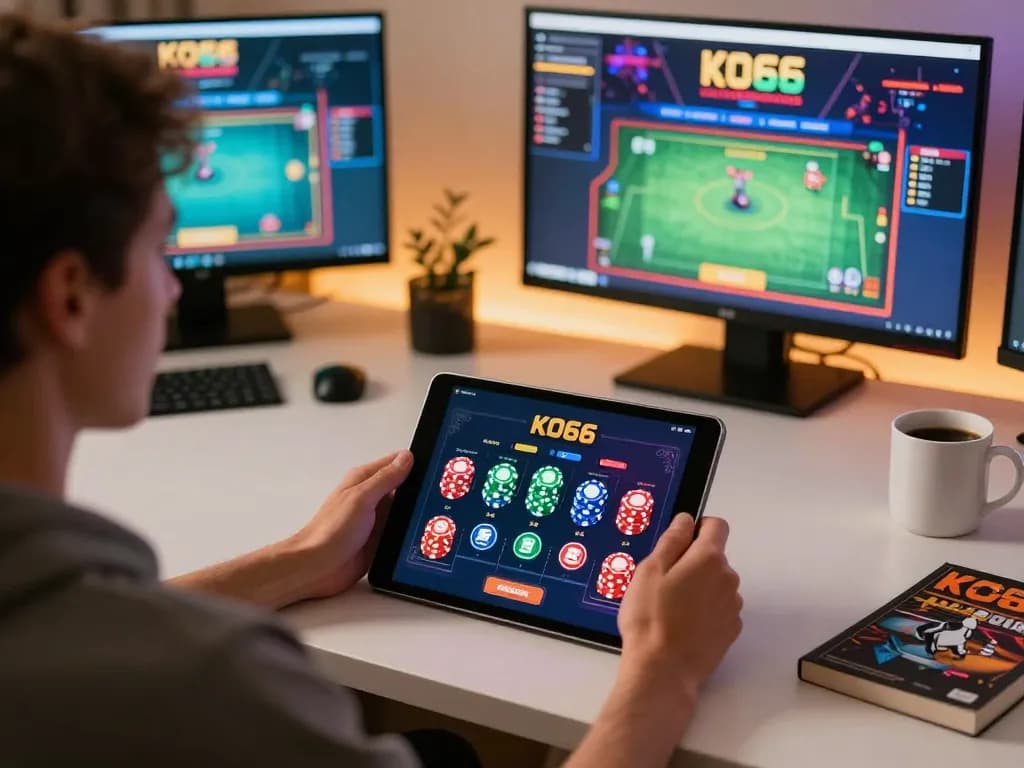 Tham gia ứng dụng casino KO66 trên máy tính bảng, thể hiện sự phấn khởi của cờ bạc trực tuyến và chơi game có trách nhiệm.