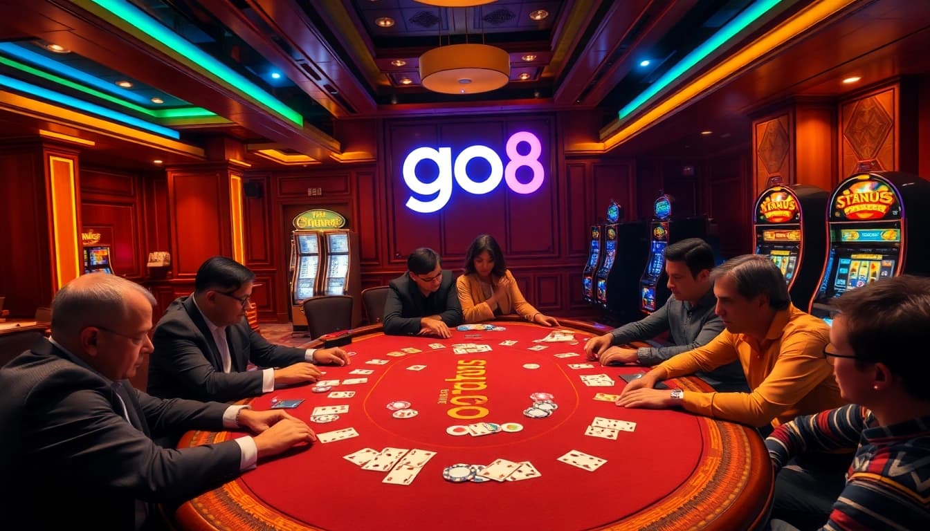 Go8 players winning at a high-stakes poker game in a luxurious casino setting.