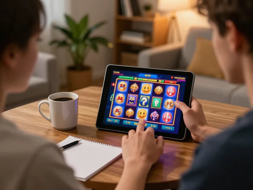 Kuwin user enjoying vibrant online slots on a tablet in a cozy home setup.