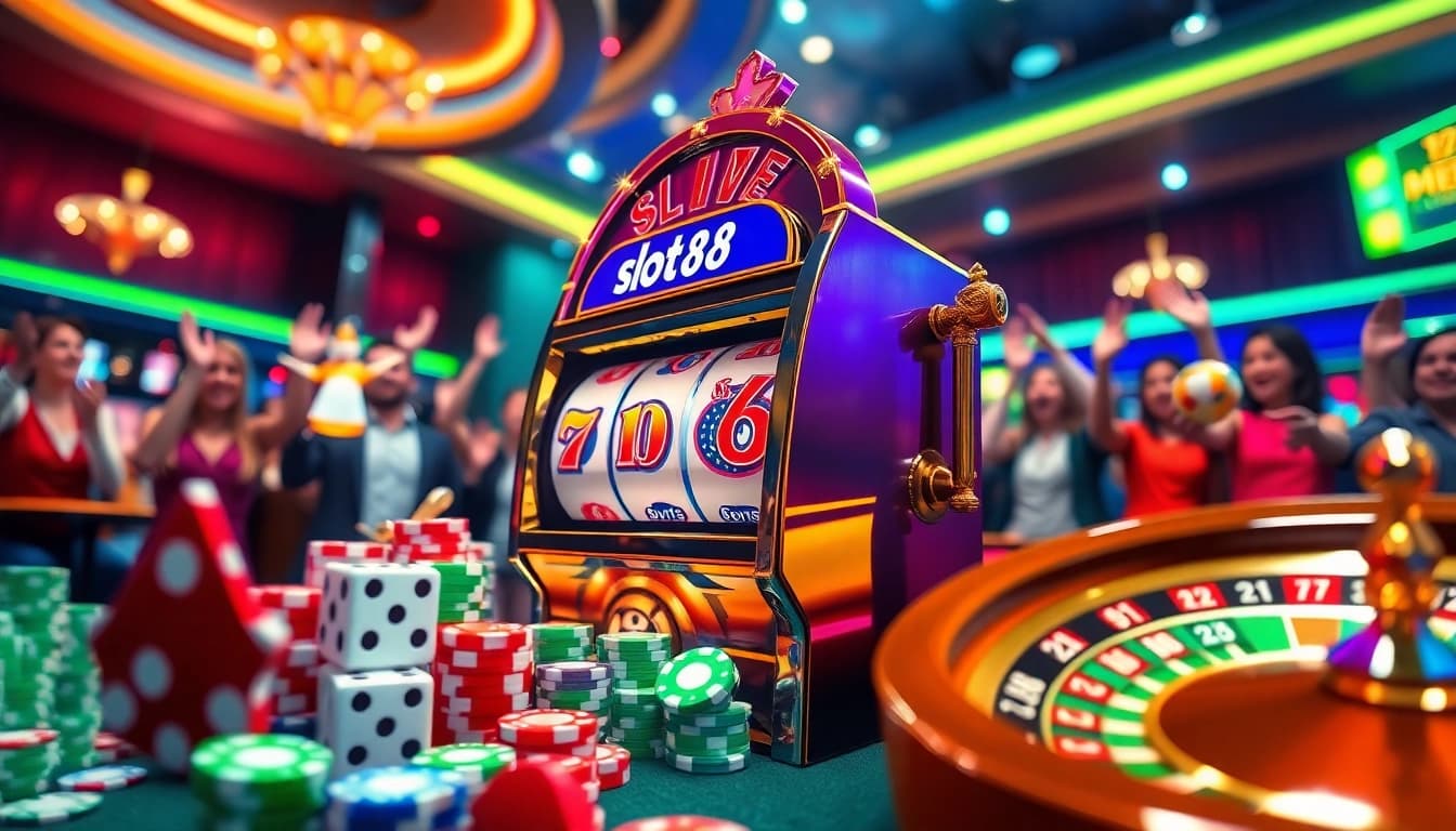Putar mesin slot88 yang penuh warna dikelilingi oleh chip poker yang berwarna-warni dan suasana kasino yang hidup.