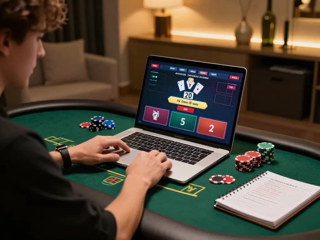 Engaged player strategizing at max88pro online casino poker game with laptop and notes