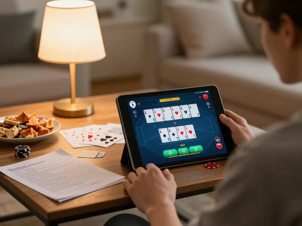 Person using tablet for online poker at home, showcasing the 123bmvp gaming experience.