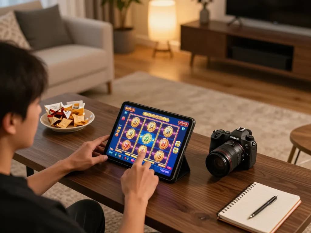 Engaging in a situs slot gacor experience on a tablet in a cozy gaming environment, reflecting strategic gameplay