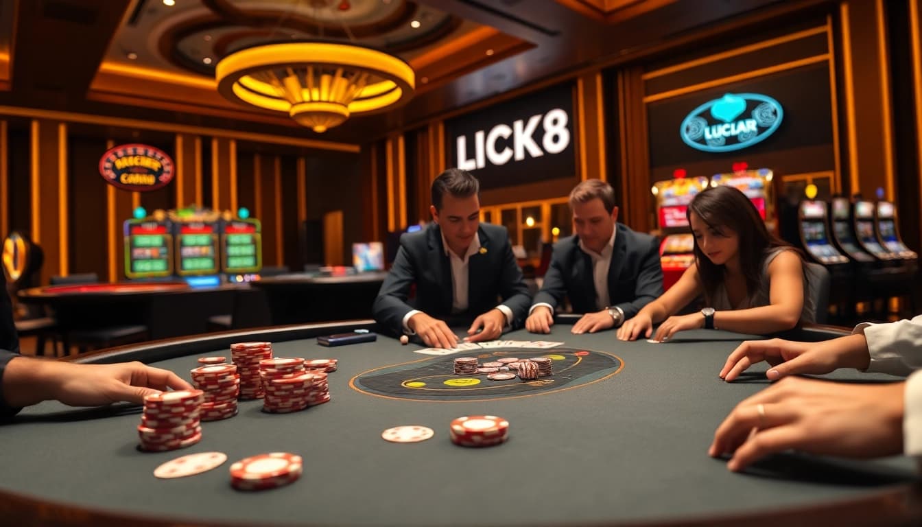 LUCK8 casino scene showcasing thrilling poker action and luxurious gaming ambiance.