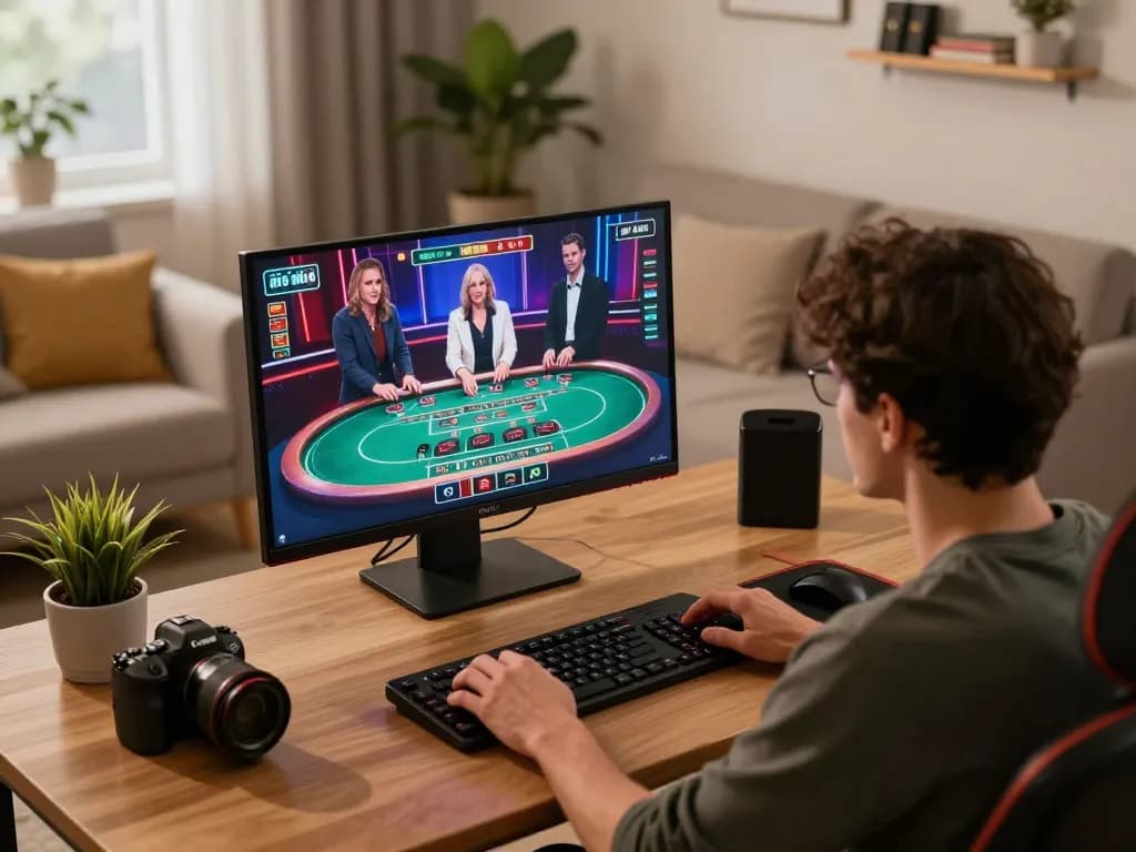 Engaging gameplay at nhà cái jun88 on a stylish desktop setup showcasing live dealer action in a cozy home.