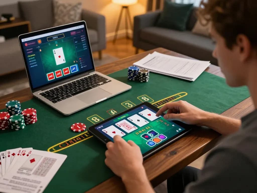 Player enjoying f168 blackjack game on tablet at home with strategy notes visible