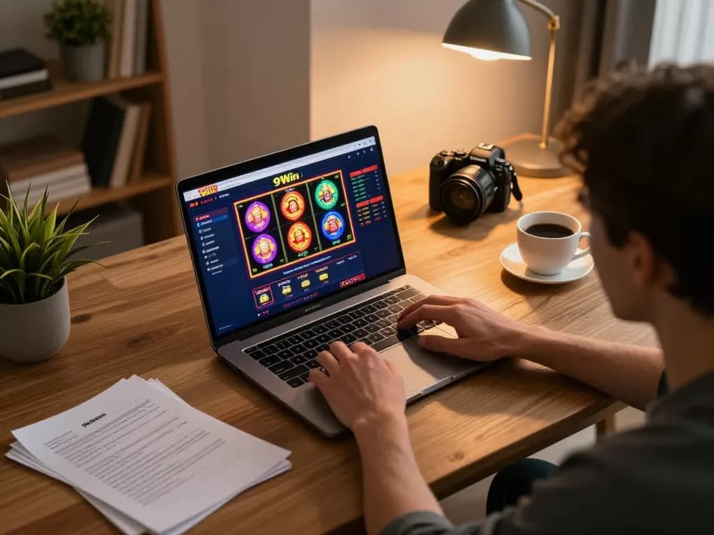 Engaging in online gaming with the 99Win platform, highlighting interactive gameplay and a cozy setup.