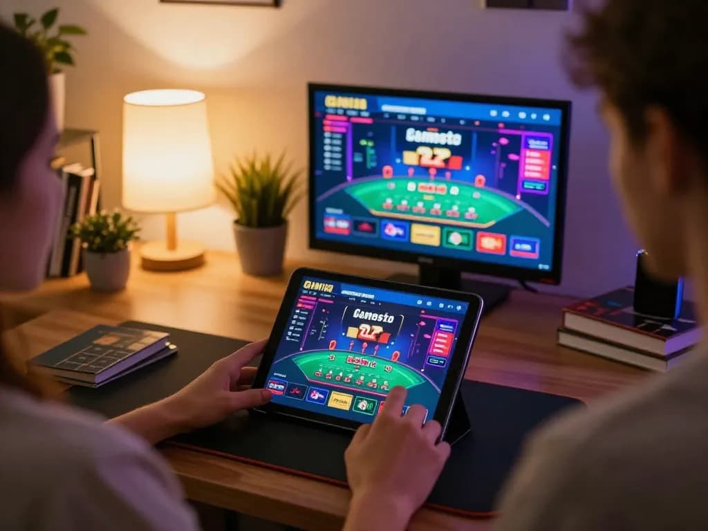 Engaging with non gamstop casinos on tablet in a cozy home setting, showcasing online blackjack gameplay
