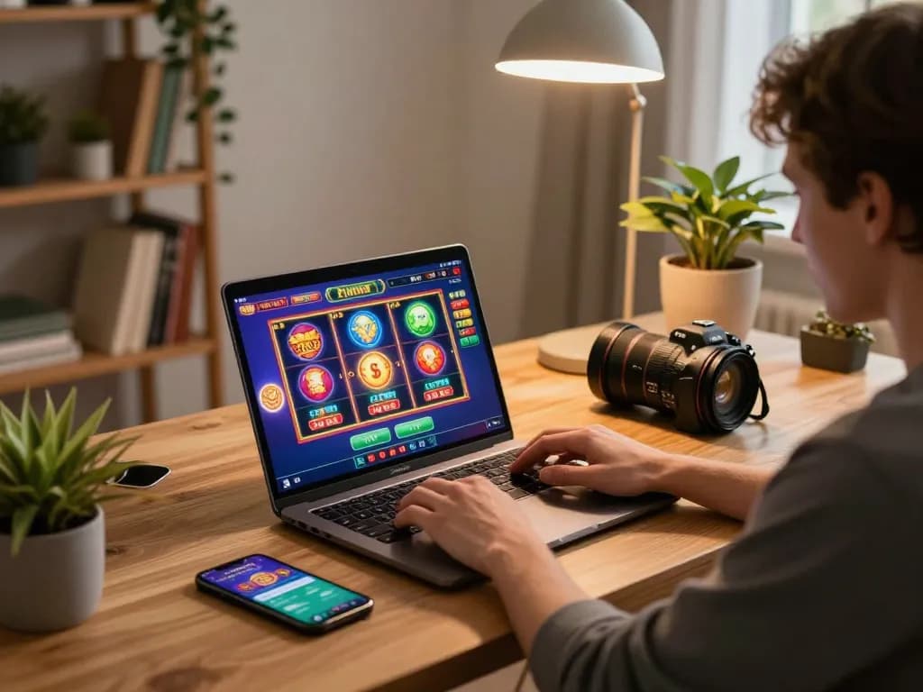 Engaging online gaming experience with nhacaiuytin on laptop screen, cozy home atmosphere.