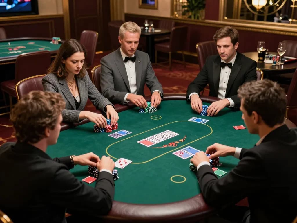 Engaging poker strategy scene at 789p casino with players focusing on their hands and chips.