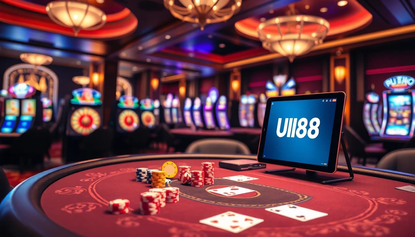Experience the excitement of UU88 at a vibrant casino table with poker chips and cards.