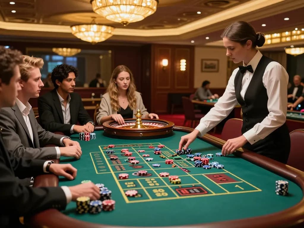 Players engaging in an exhilarating roulette game at a luxury casino, capturing bem88's vibrant atmosphere.