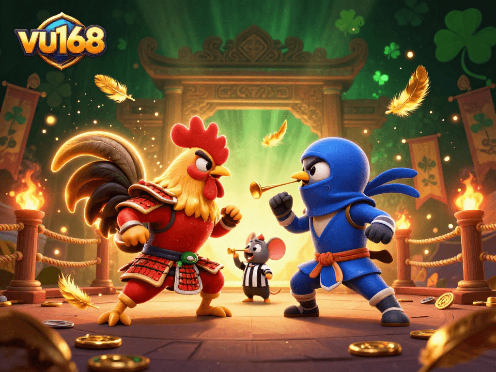 Experience thrilling bets at vu168 with dynamic fighting roosters amidst golden feathers and dramatic elements.