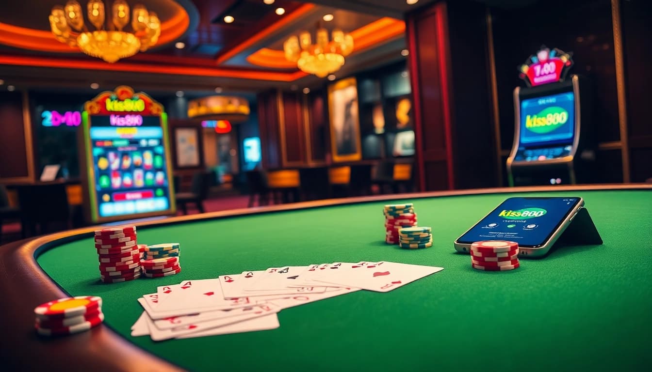 Experience thrilling gameplay with kiss888 featuring vibrant casino tables, chips, and a mobile interface.