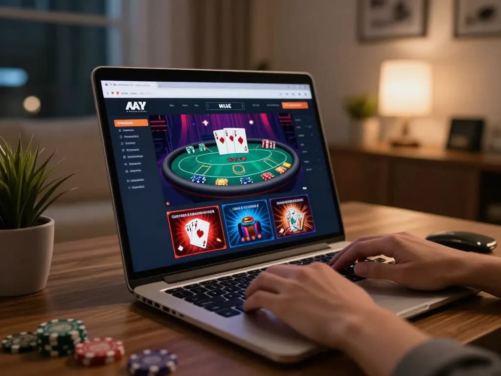 Player engaging with goal123 online casino game interface on a sleek laptop in a stylish home office.